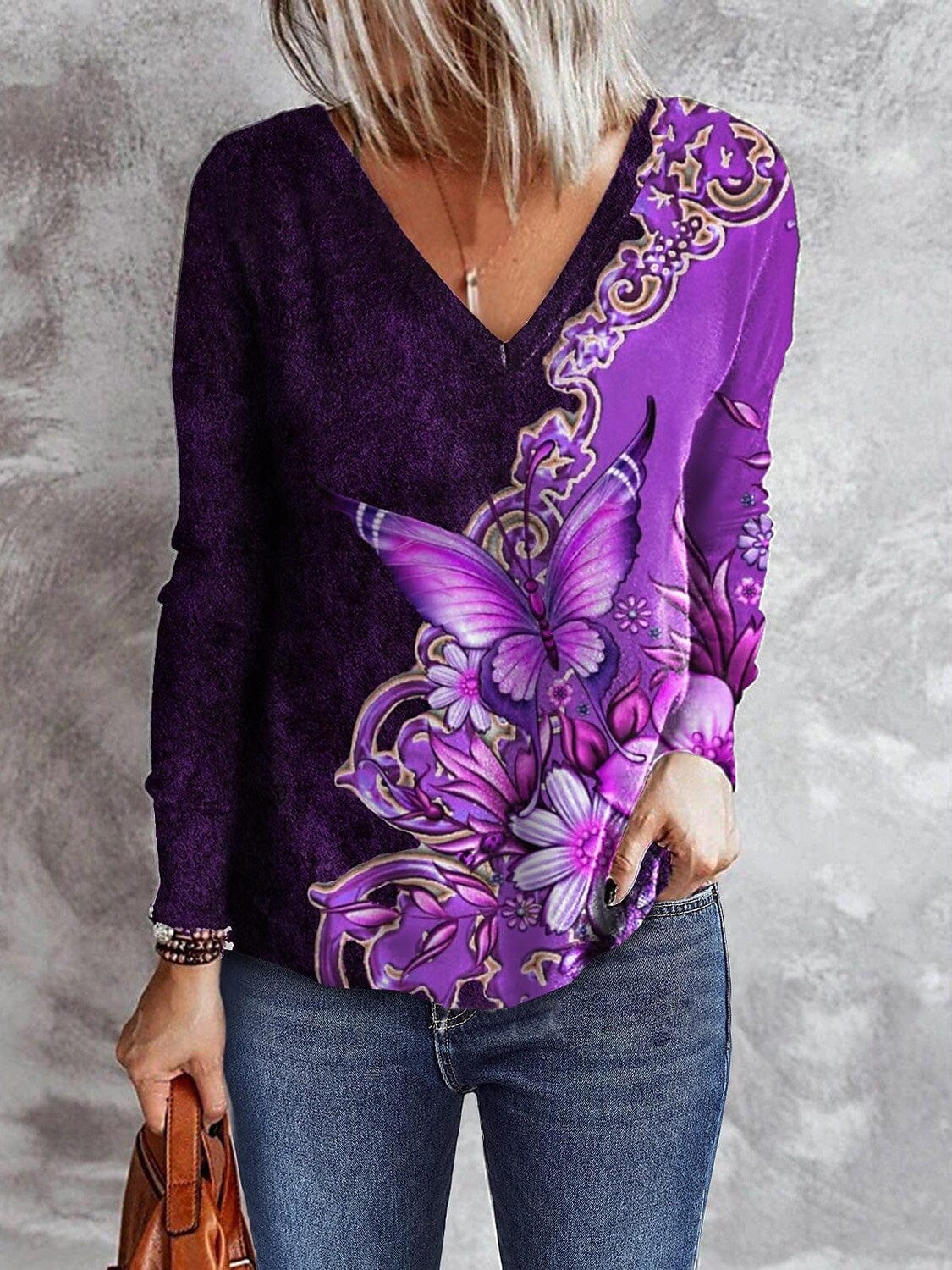 Long Sleeve V-Neck Tunic with Butterfly Design