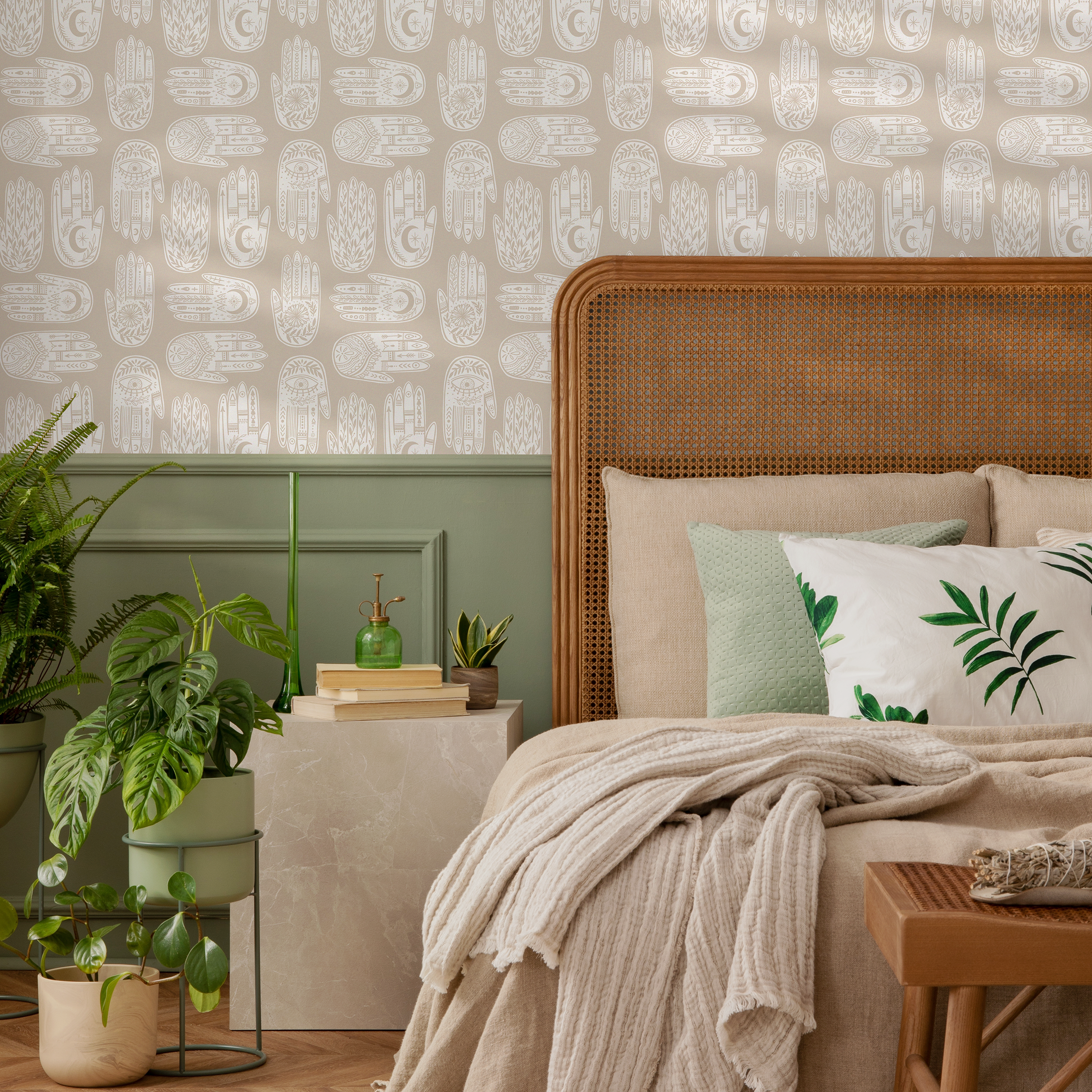 Bohemian Wallpaper featuring Hamsa Hand Motifs in Beige and White - C273