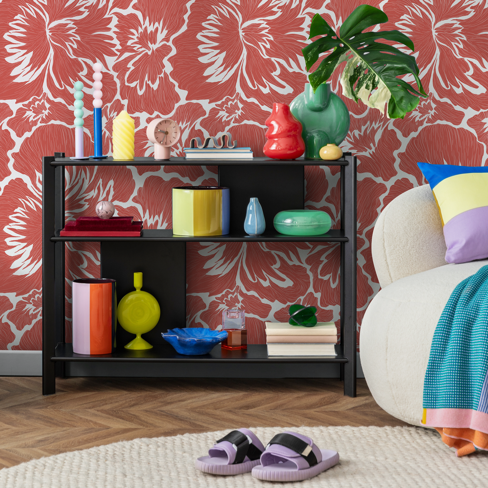 Floral Wallpaper with a Bold Hibiscus Motif in Coral - C678