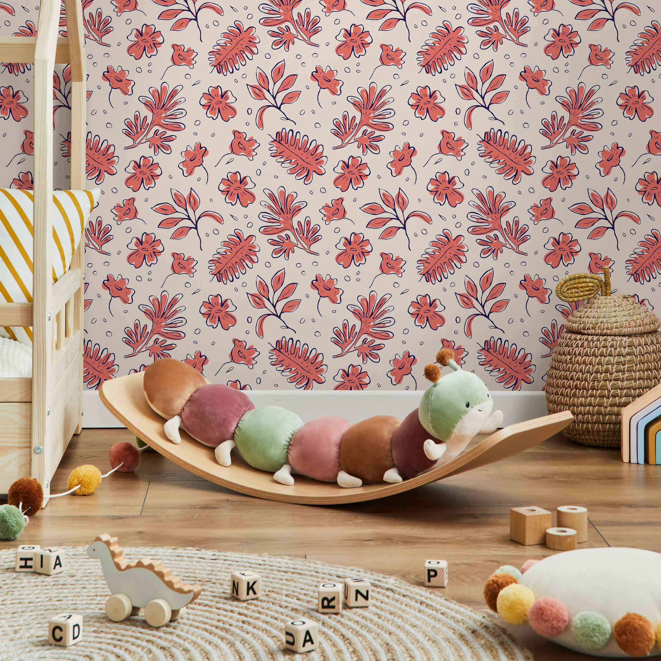 Floral Wallpaper with a Stylized Botanical Print in Pink, Beige, and Blue - C767