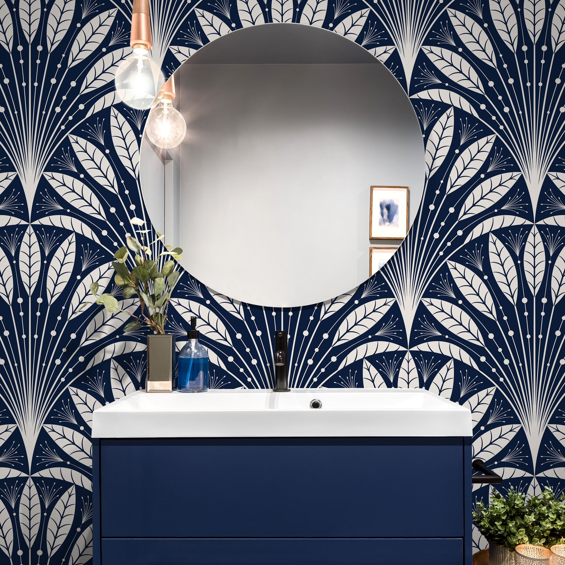 Art Deco Wallpaper with a Stylized Fan Motif in Navy Blue and Cream - C815