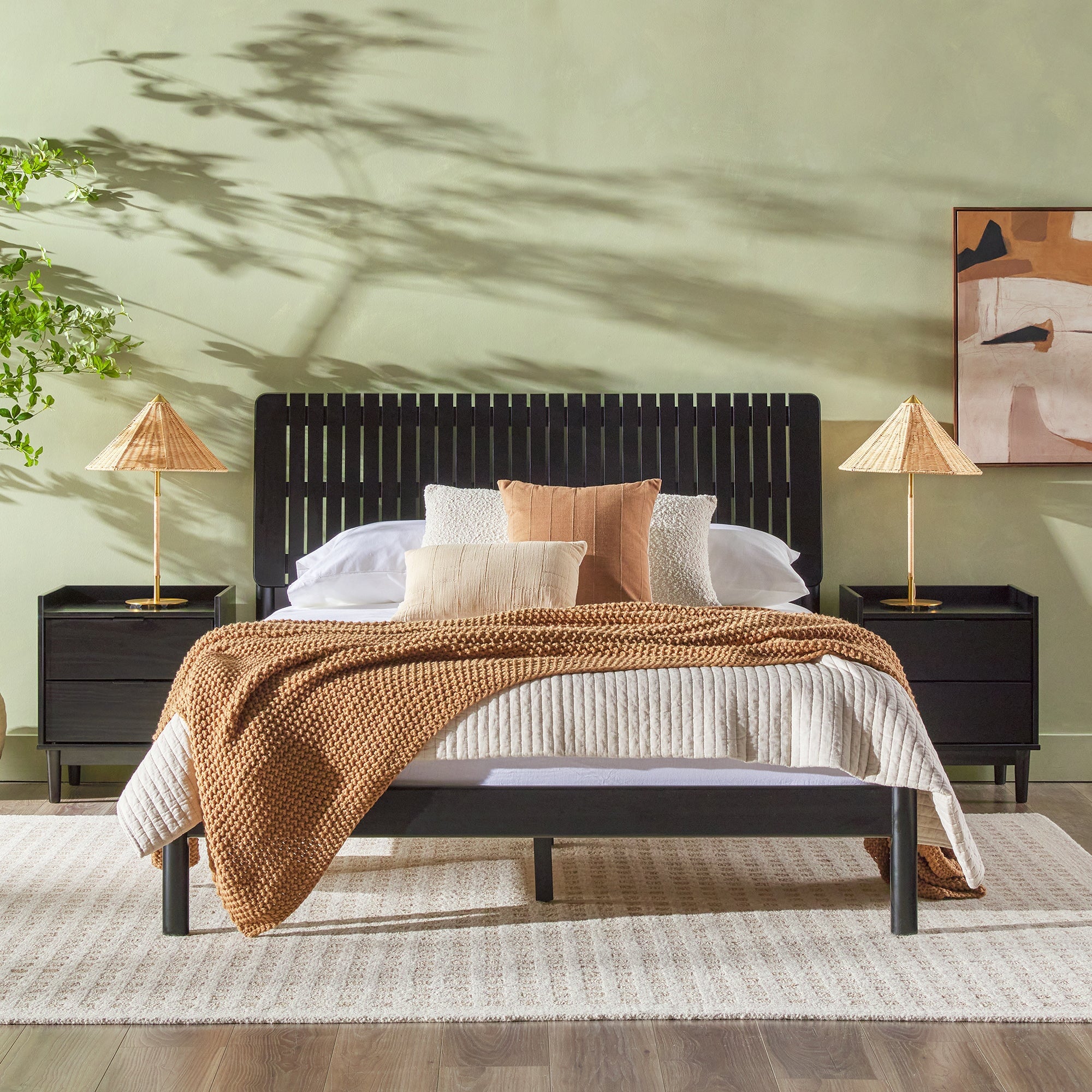 Cabecero de listones Cama de madera maciza de estilo moderno de mediados de siglo