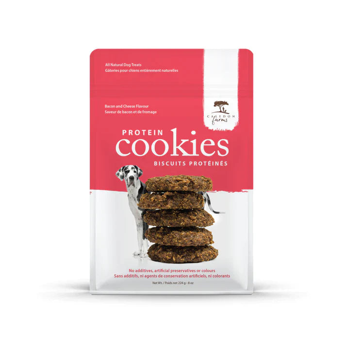 Premios proteicos para perros de Caledon Farms: Delicias de galleta con queso cheddar y tocino (paquete de 4)