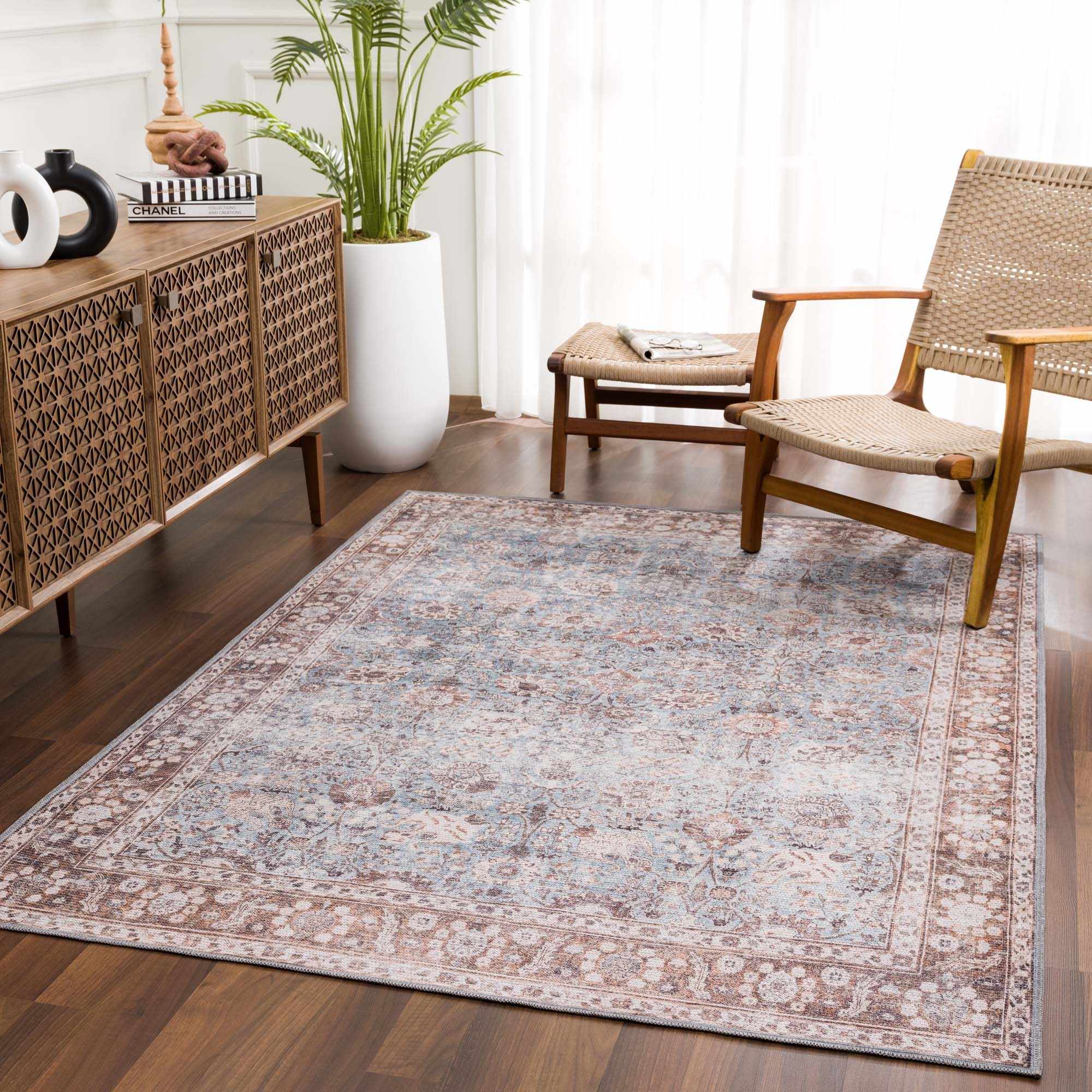 Alfombra lavable vintage Dauis en marrón y azul - Liquidación