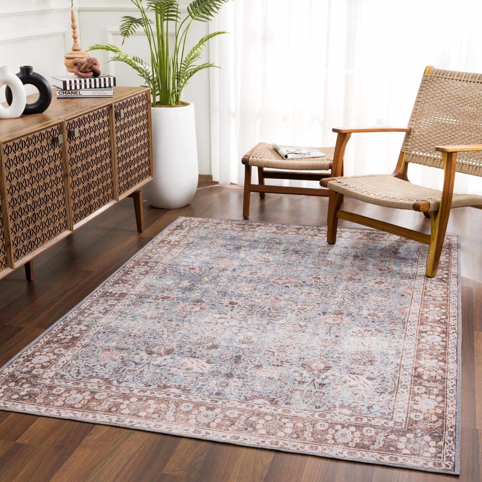 Alfombra lavable vintage Dauis en marrón y azul - Liquidación