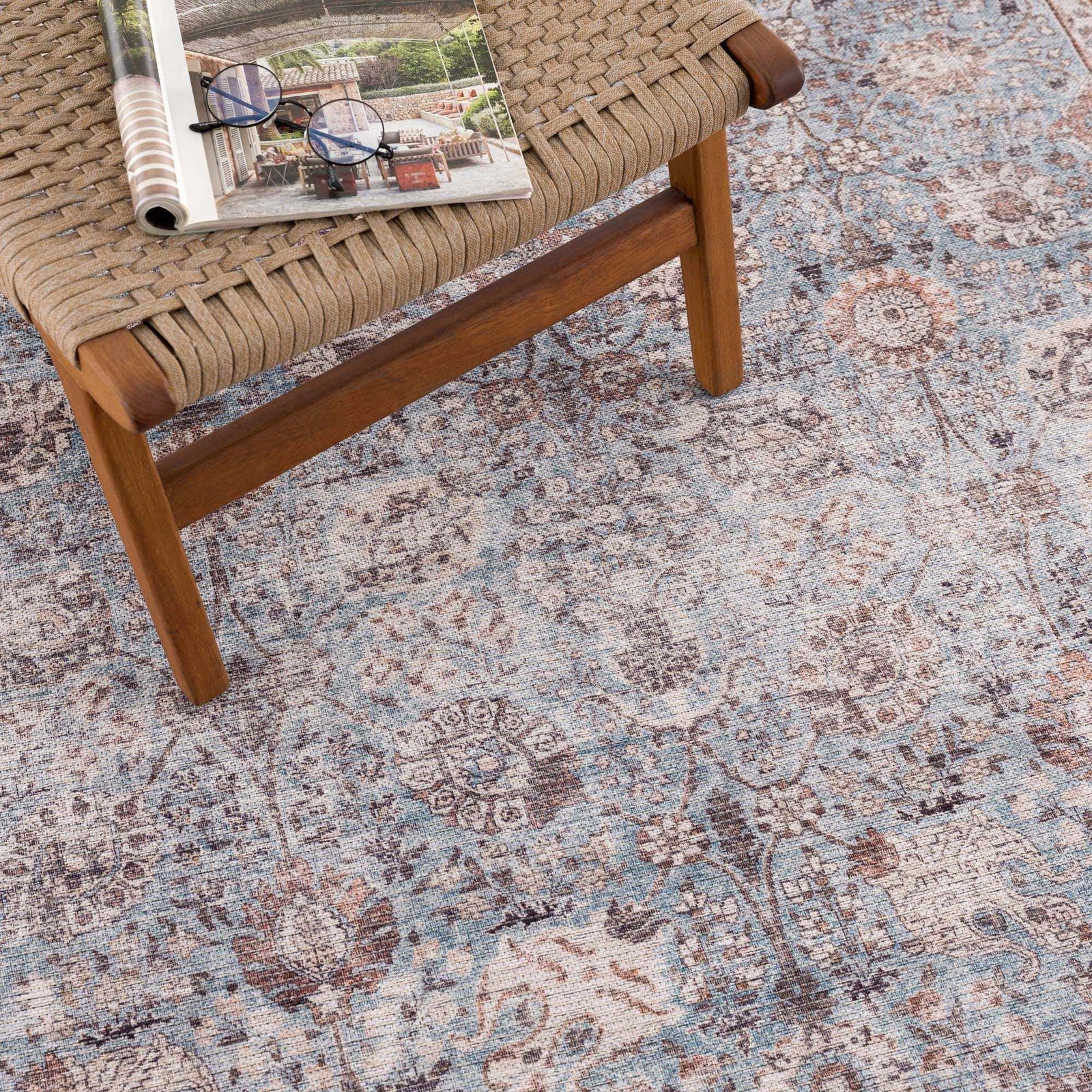 Alfombra lavable vintage Dauis en marrón y azul - Liquidación