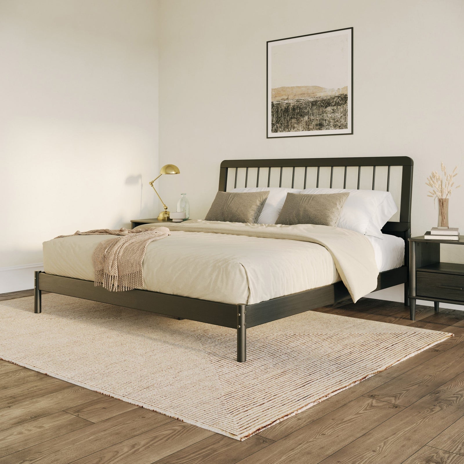 Cama de madera maciza con estructura de husillo de estilo moderno de mediados de siglo