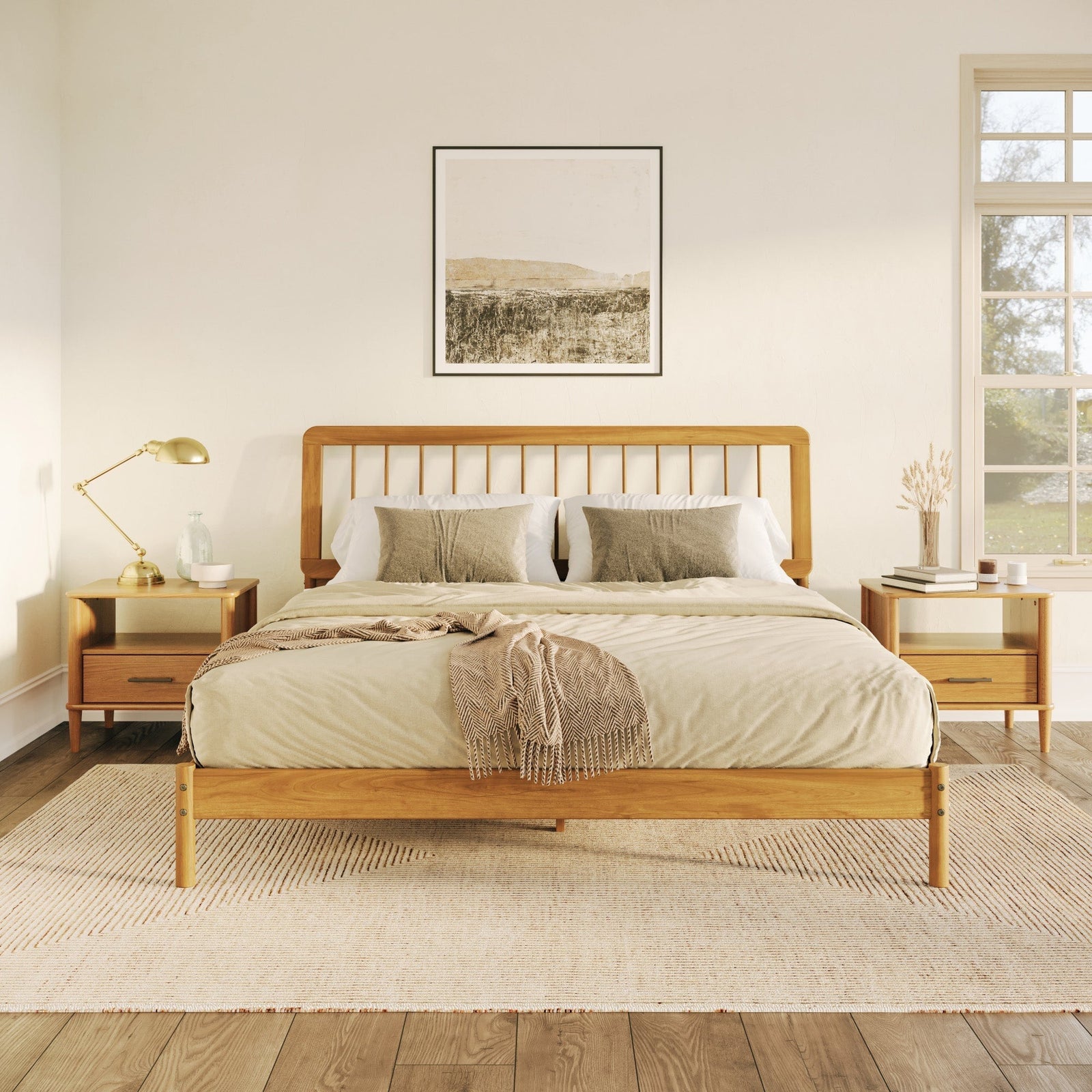 Cama de madera maciza con estructura de husillo de estilo moderno de mediados de siglo
