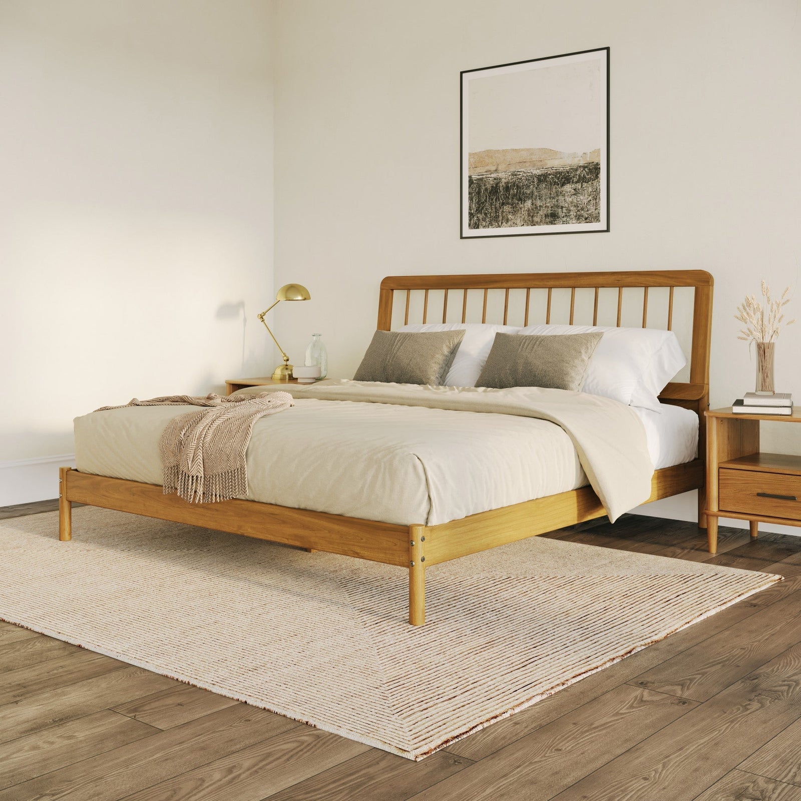 Cama de madera maciza con estructura de husillo de estilo moderno de mediados de siglo