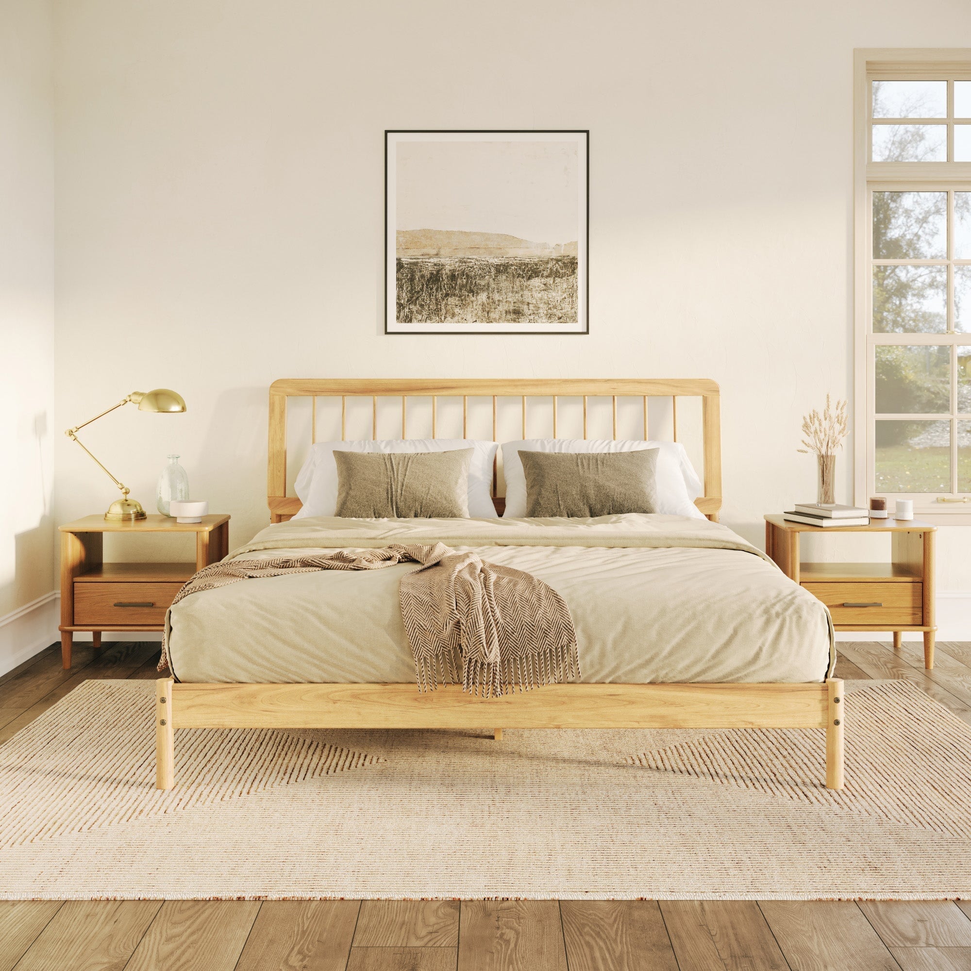 Cama de madera maciza con estructura de husillo de estilo moderno de mediados de siglo