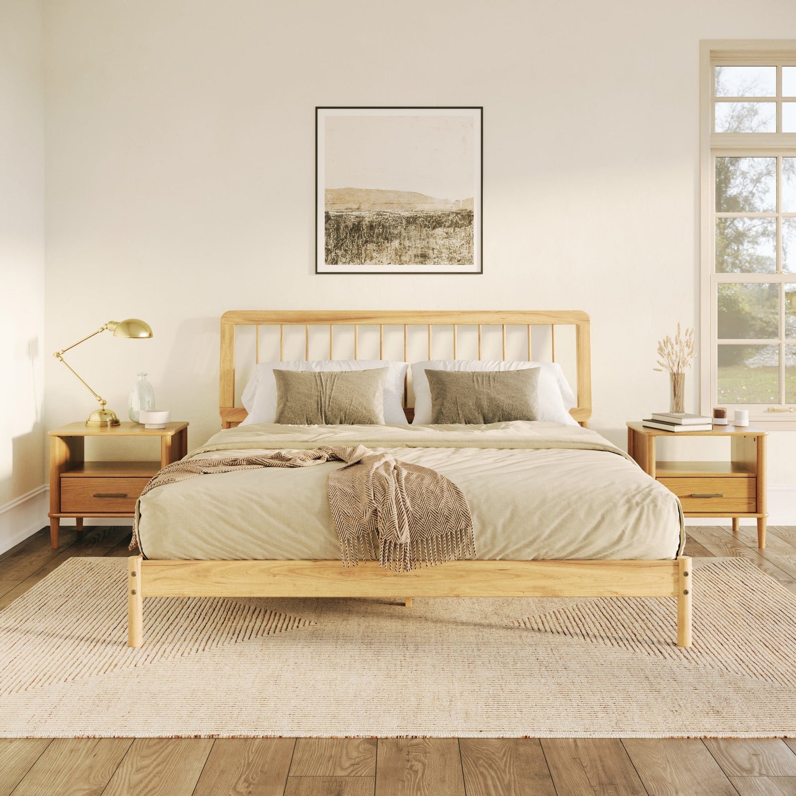 Cama de madera maciza con estructura de husillo de estilo moderno de mediados de siglo