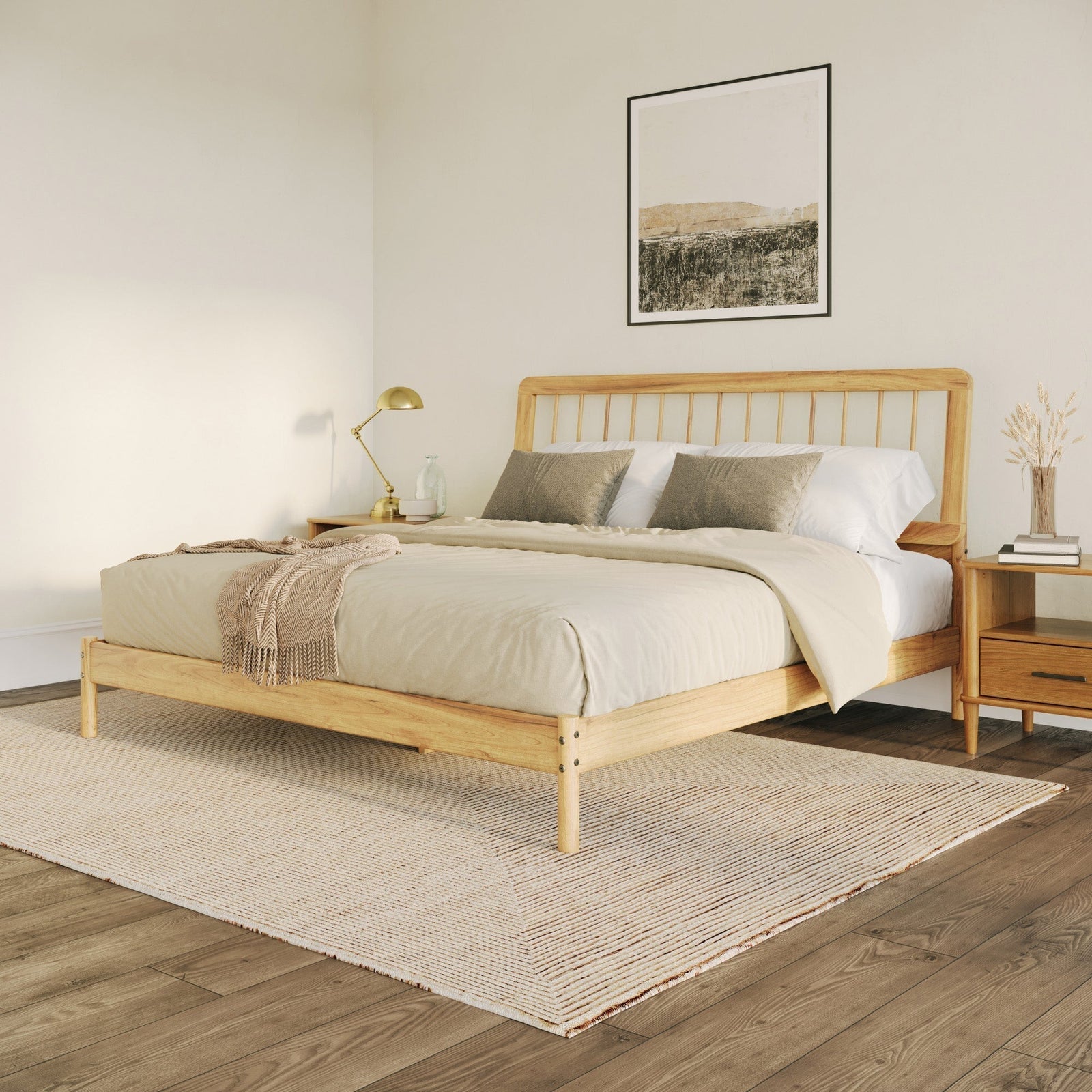 Cama de madera maciza con estructura de husillo de estilo moderno de mediados de siglo