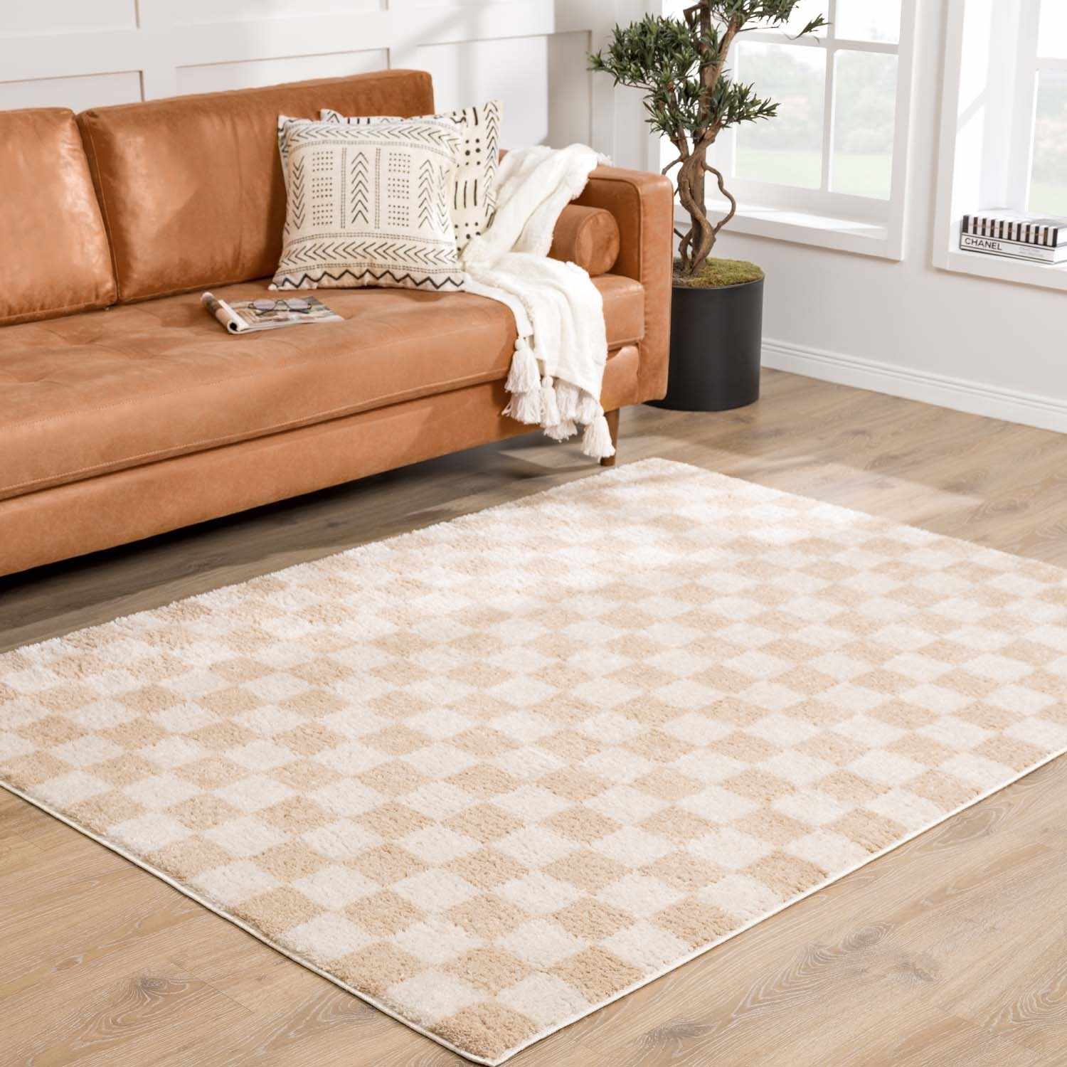 Alfombra lavable a cuadros color crema Canika 