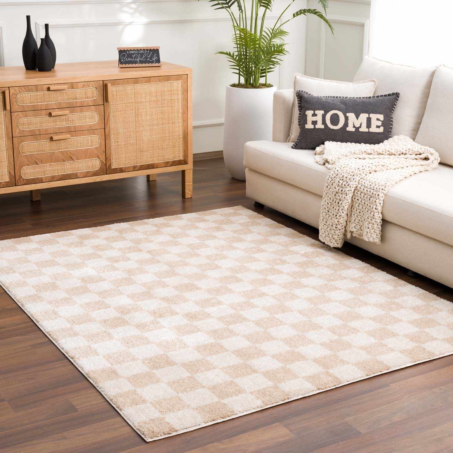 Alfombra lavable a cuadros color crema Canika 