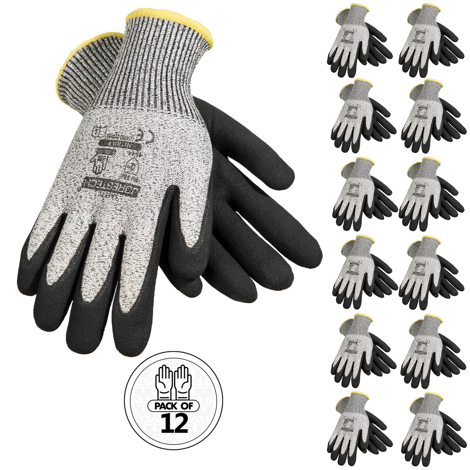 Cut-Resistant Safety Work Gloves with Sandy Nitrile Dipped Palms - Pack of 12