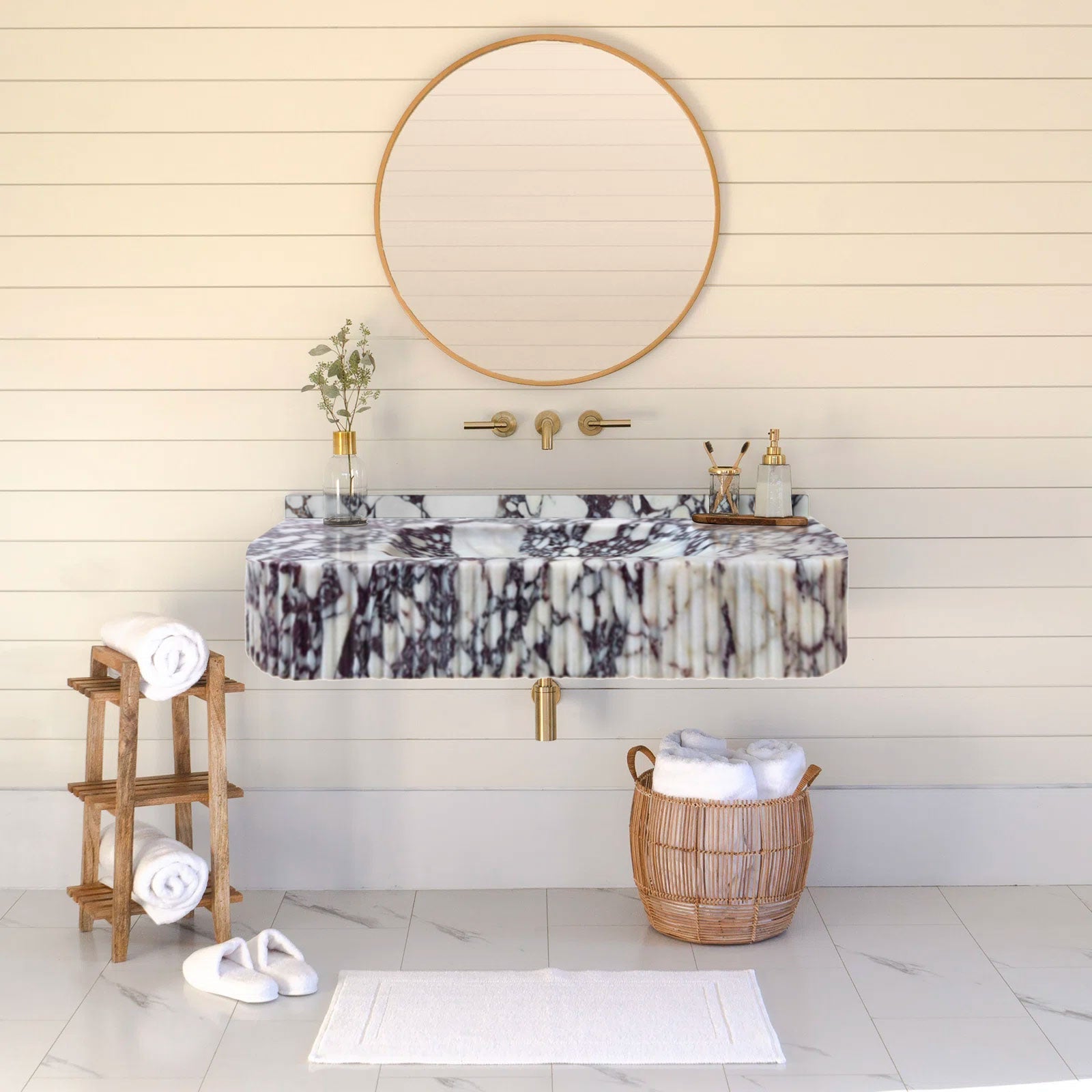 Lavabo de baño de pared de mármol Calacatta Viola con frente texturizado acanalado (ancho) 18