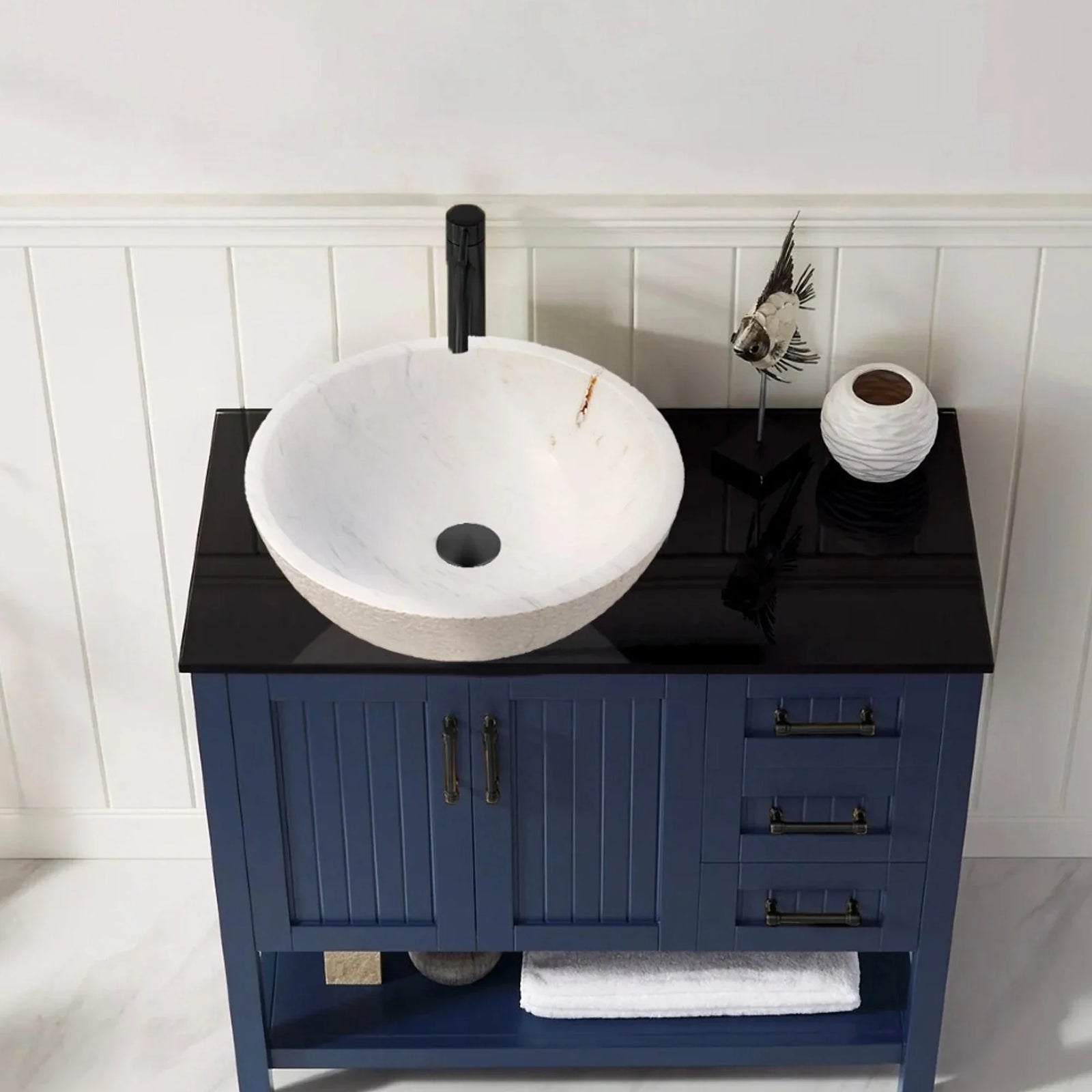 Lavabo de baño con exterior rugoso de mármol blanco Calacatta sobre tocador (diámetro de 16 in, altura de 5 in)
