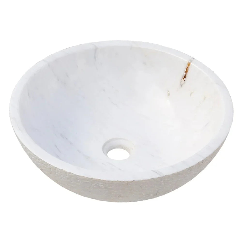 Lavabo de baño con exterior rugoso de mármol blanco Calacatta sobre tocador (diámetro de 16 in, altura de 5 in)
