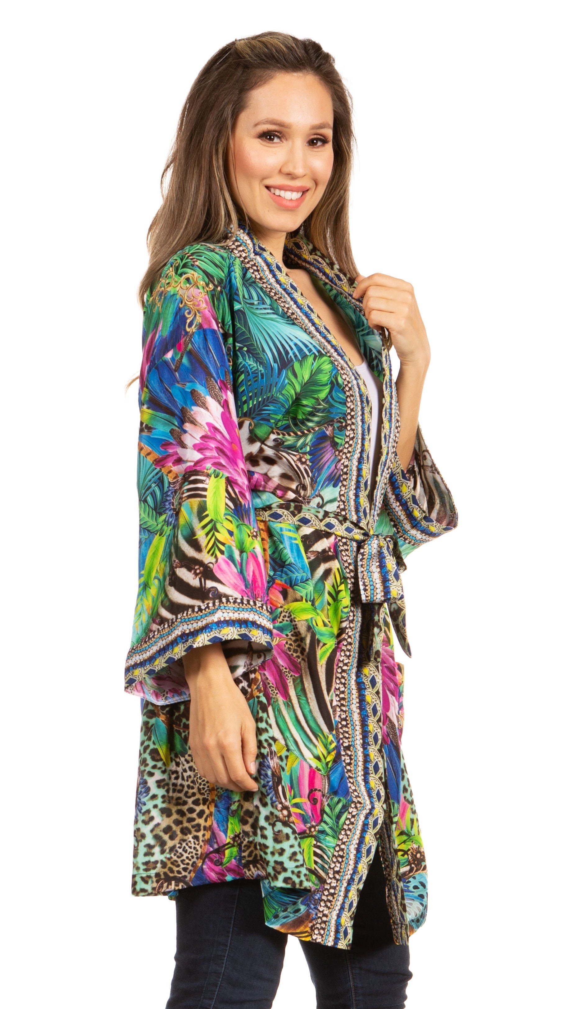 Manténgase a la moda con el suéter tipo cárdigan con estampado increíble Janis para mujer de Sakkas
