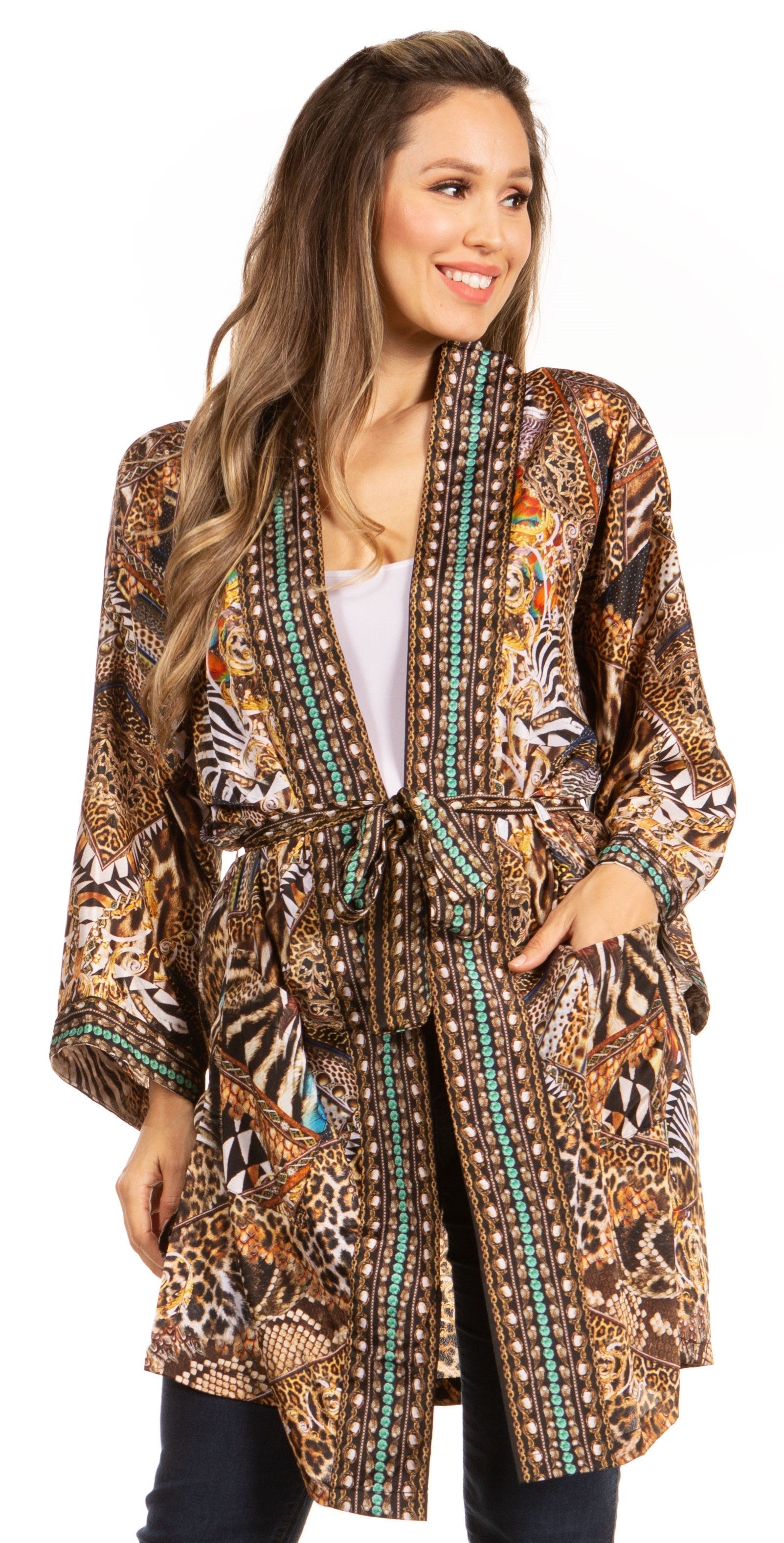Manténgase a la moda con el suéter tipo cárdigan con estampado increíble Janis para mujer de Sakkas