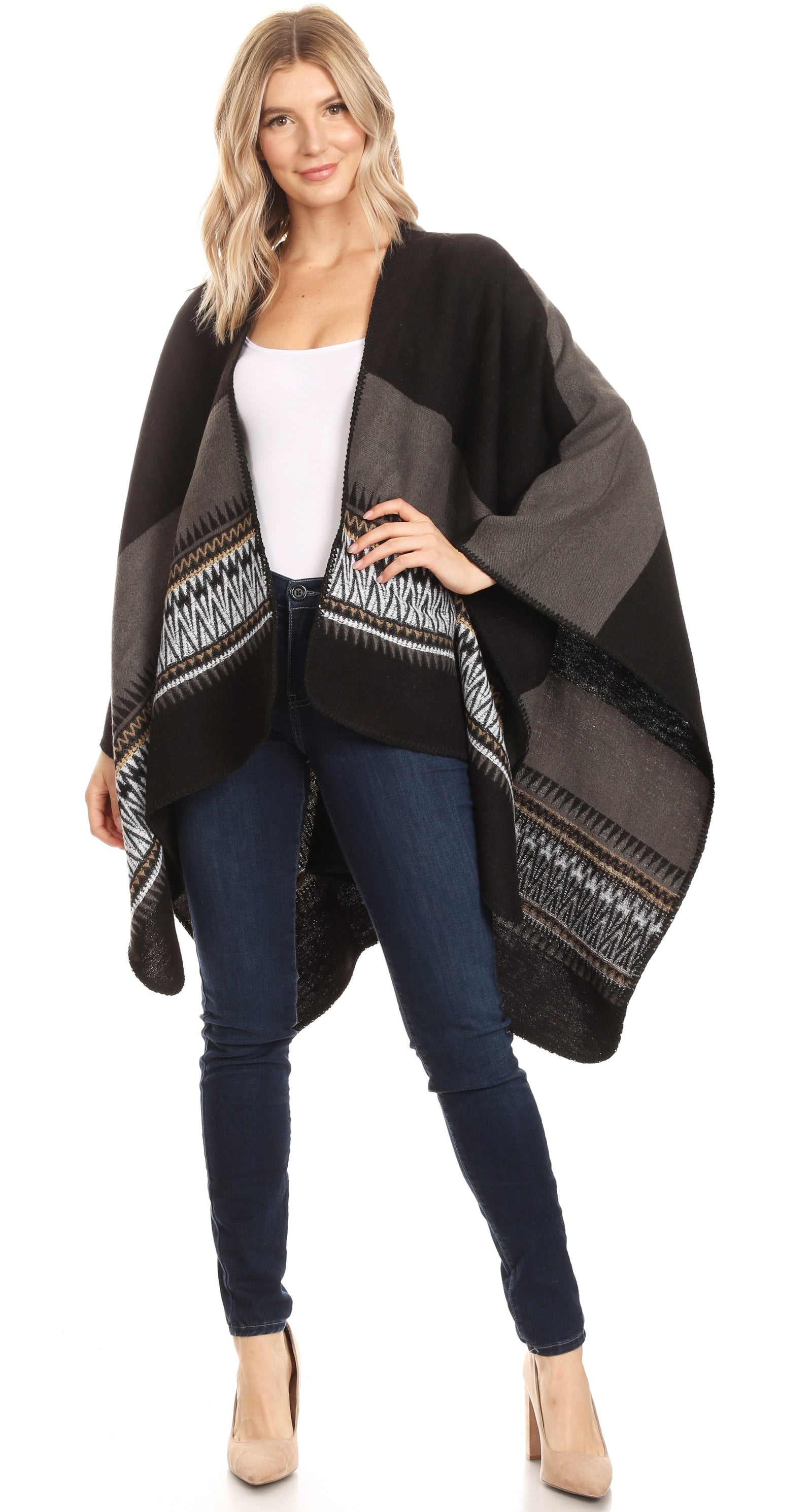 Poncho chal grande reversible para mujer Sakkas Mari, bufanda, capa, ruana y manta