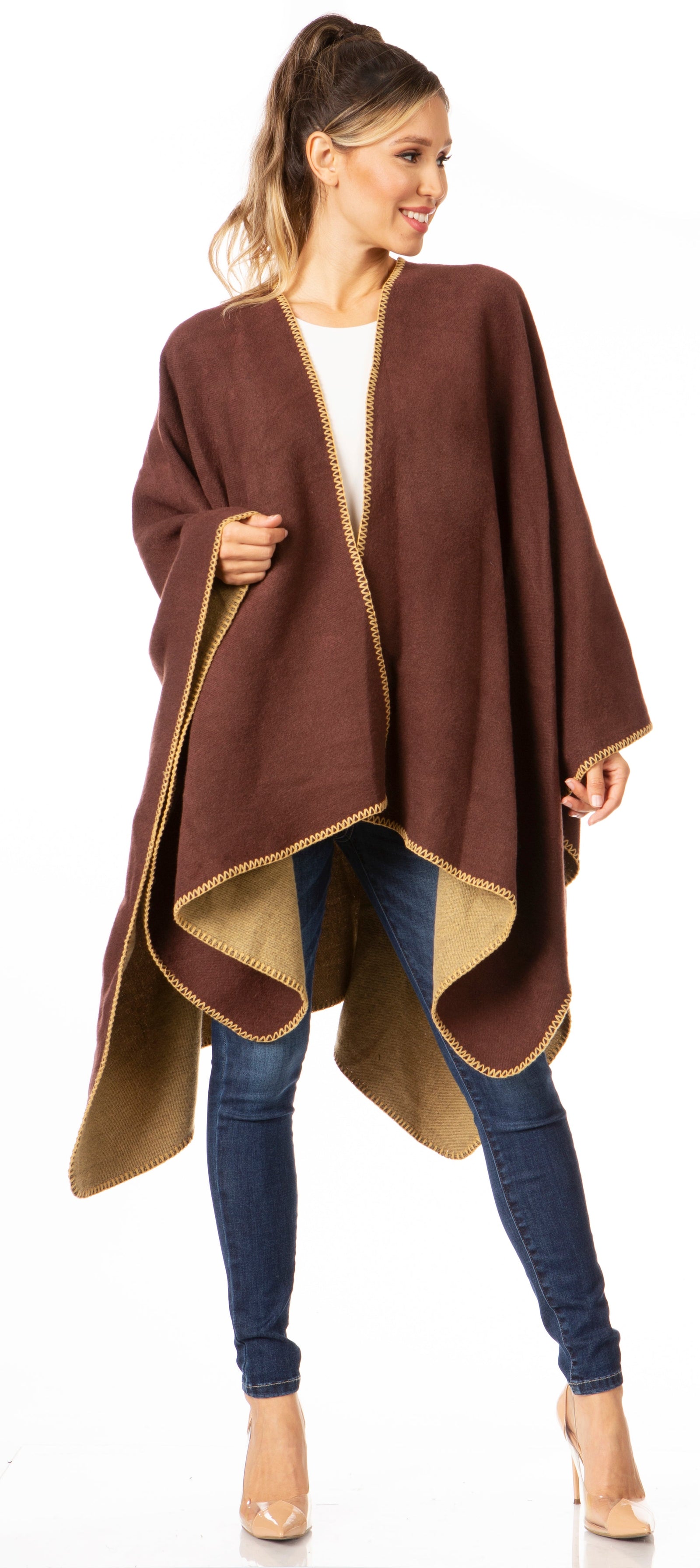 Poncho chal grande reversible para mujer Sakkas Mari, bufanda, capa, ruana y manta