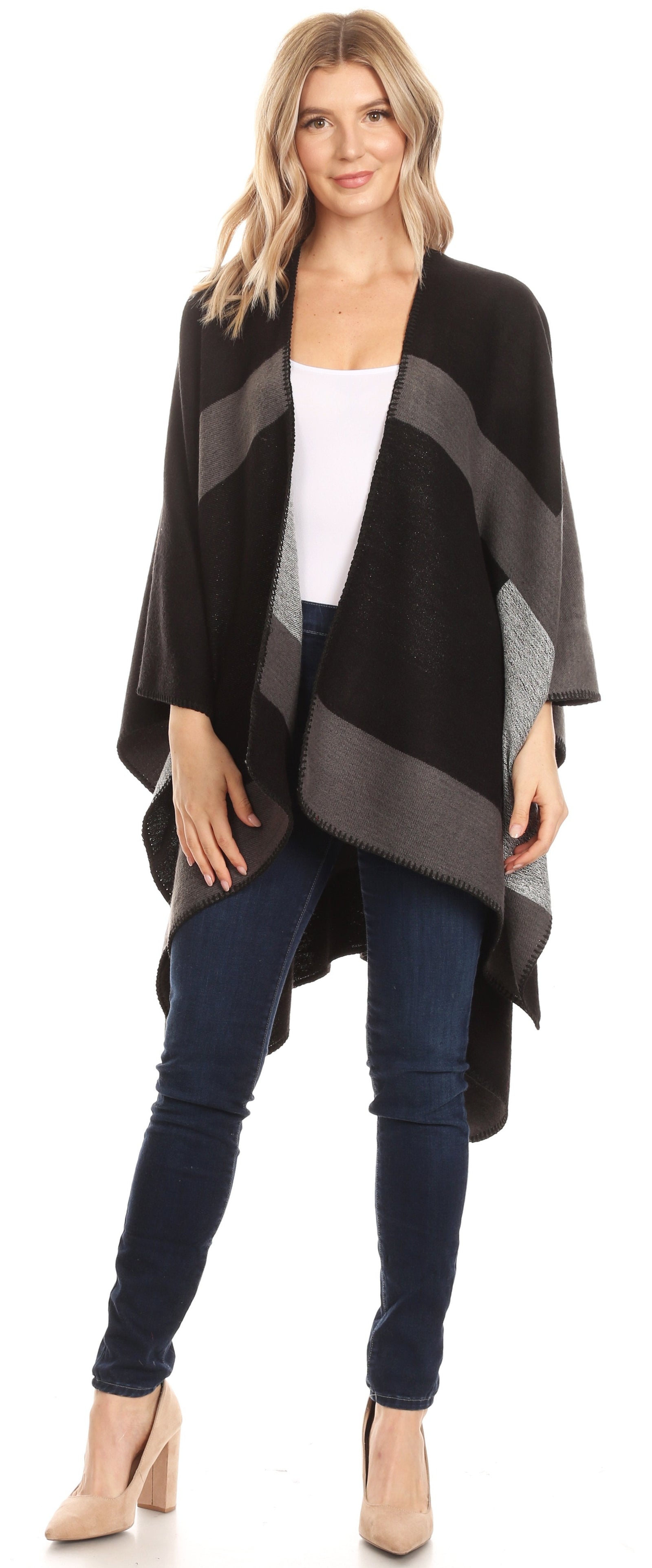 Poncho chal grande reversible para mujer Sakkas Mari, bufanda, capa, ruana y manta