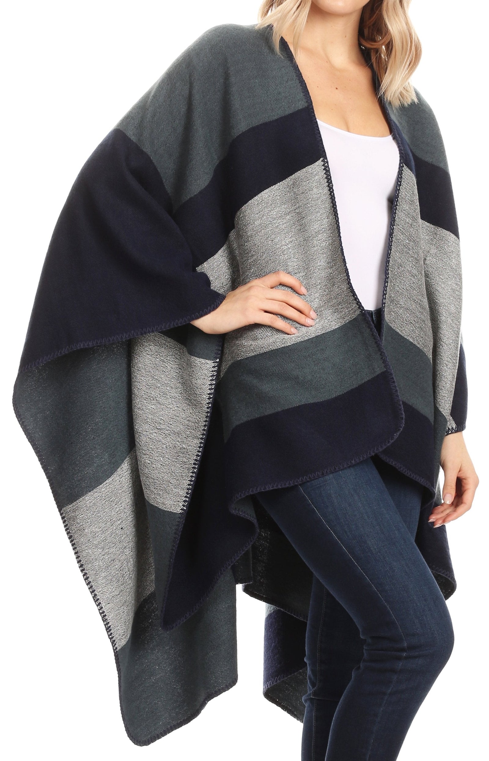 Poncho chal grande reversible para mujer Sakkas Mari, bufanda, capa, ruana y manta
