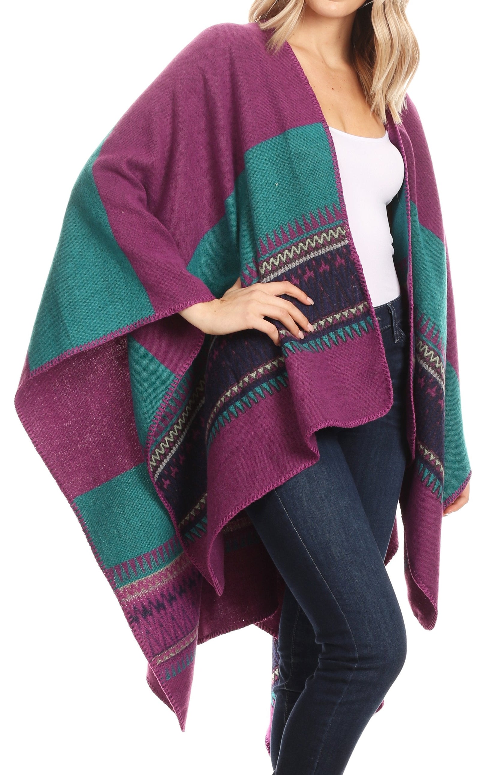 Poncho chal grande reversible para mujer Sakkas Mari, bufanda, capa, ruana y manta