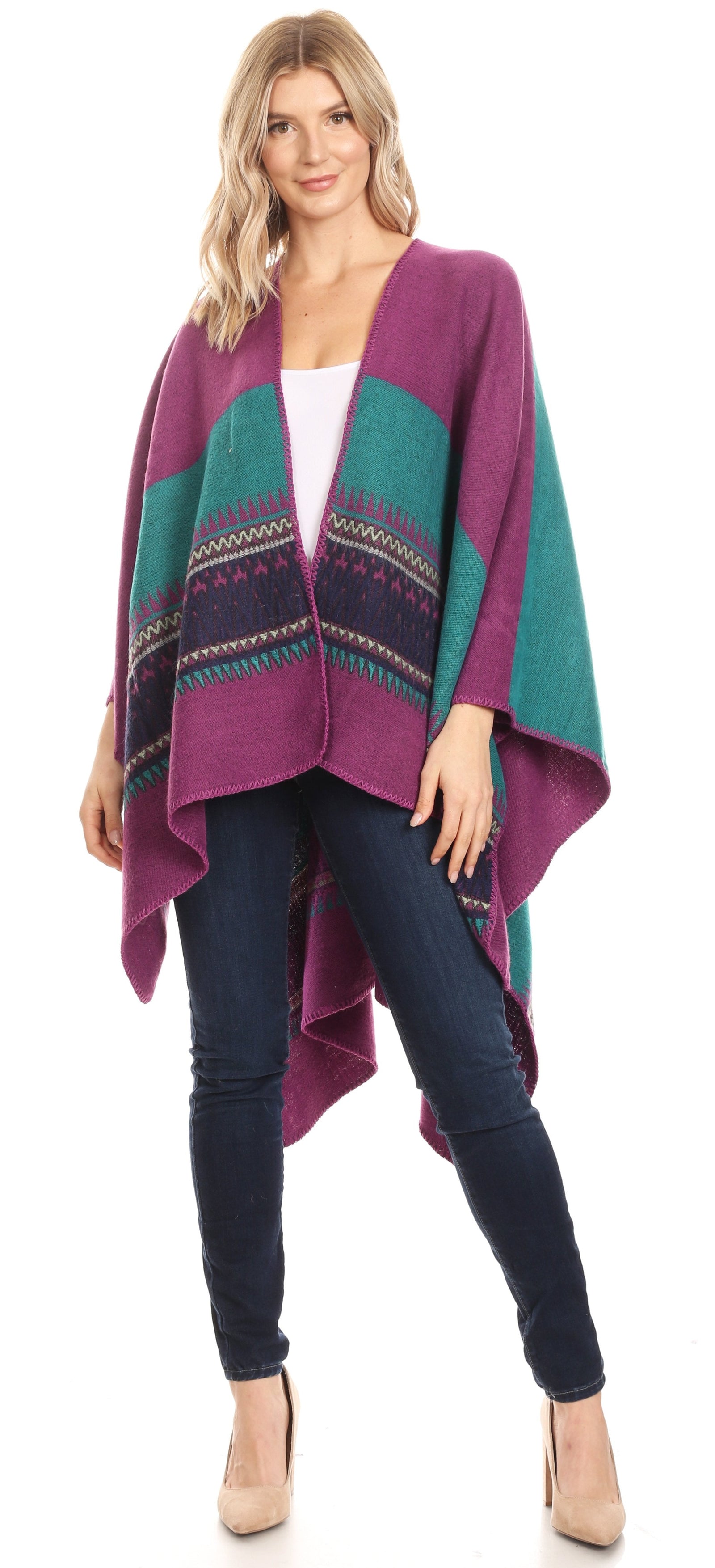 Poncho chal grande reversible para mujer Sakkas Mari, bufanda, capa, ruana y manta