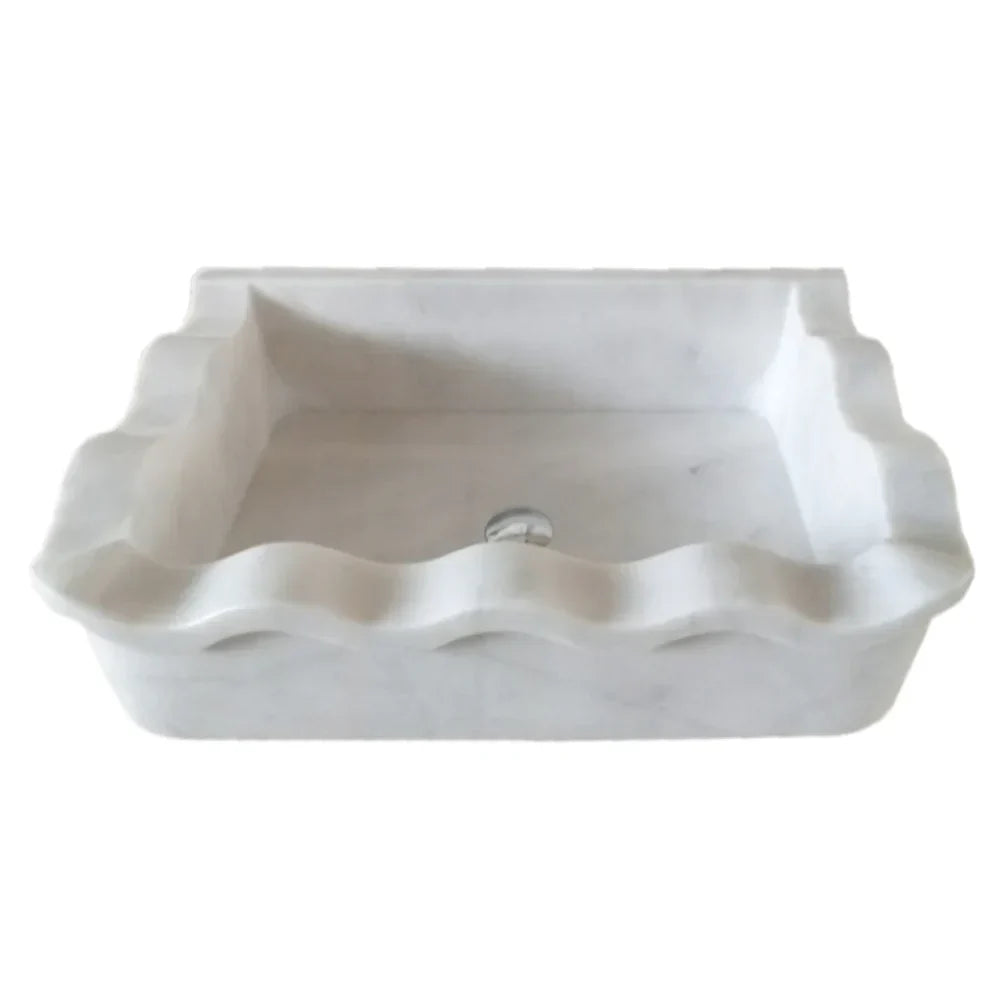 Lavabo de baño rectangular con bordes ondulados de mármol blanco de Carrara para montaje en pared (ancho) 16" (largo) 24" (alto) 6"