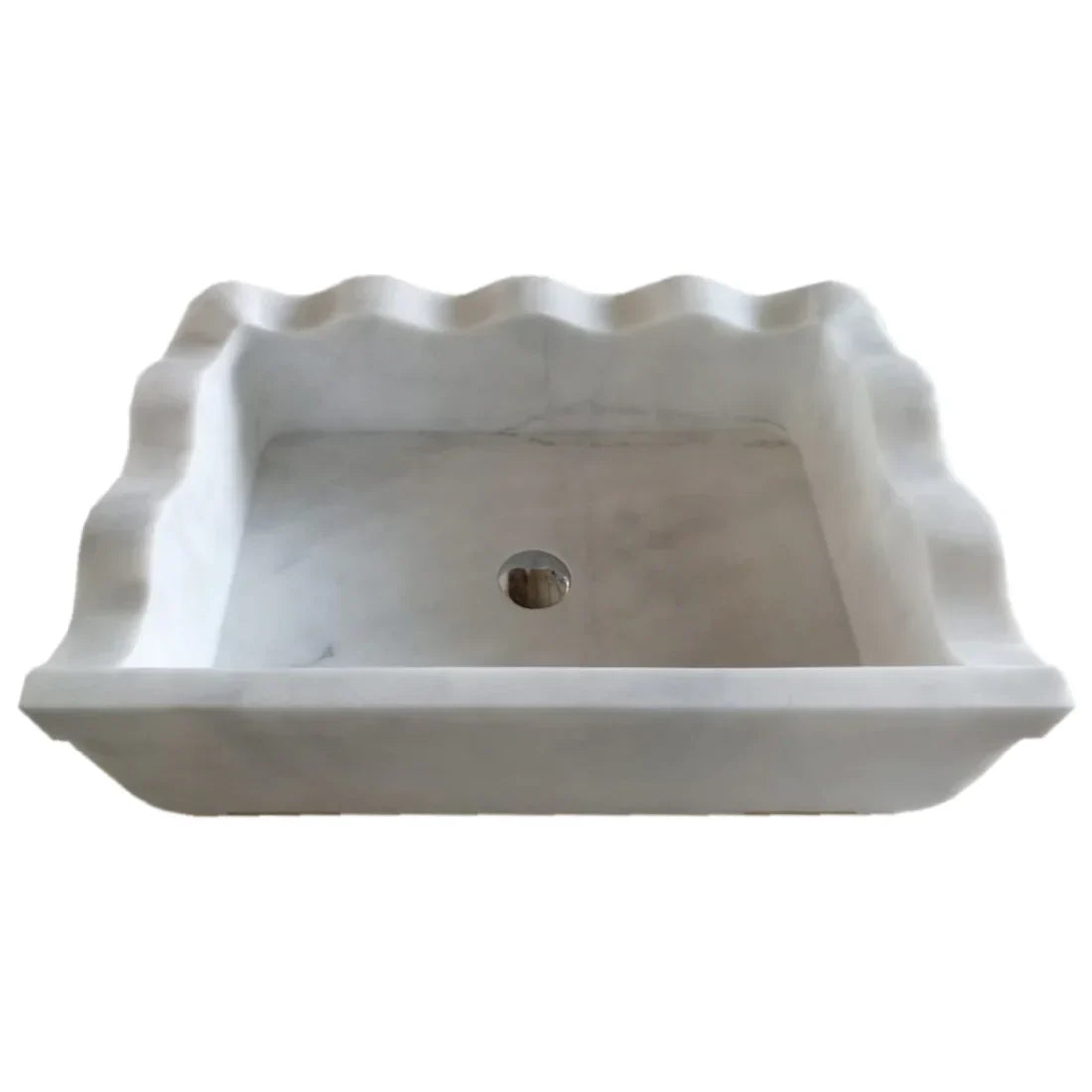 Lavabo de baño rectangular con bordes ondulados de mármol blanco de Carrara para montaje en pared (ancho) 16" (largo) 24" (alto) 6"