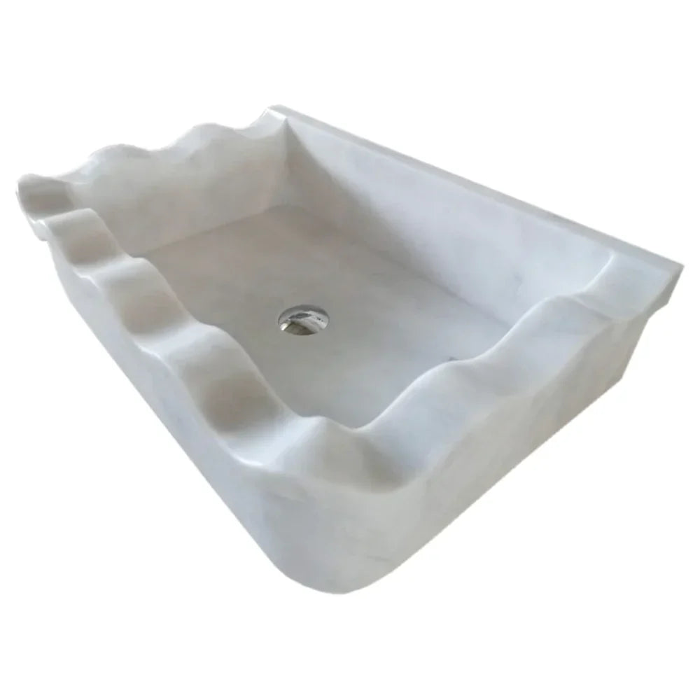 Lavabo de baño rectangular con bordes ondulados de mármol blanco de Carrara para montaje en pared (ancho) 16" (largo) 24" (alto) 6"