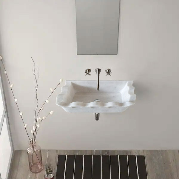 Lavabo de baño rectangular con bordes ondulados de mármol blanco de Carrara para montaje en pared (ancho) 16" (largo) 24" (alto) 6"