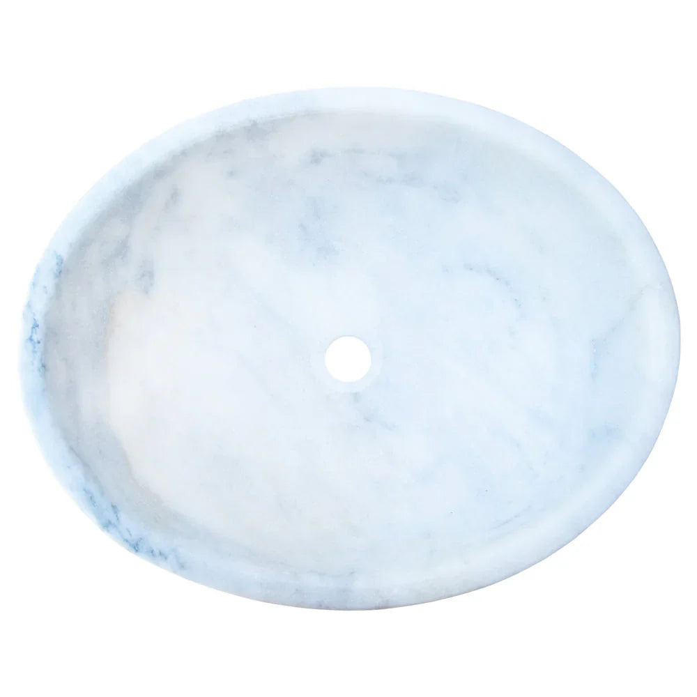 Lavabo ovalado de piedra natural de mármol blanco de Carrara sobre tocador de baño