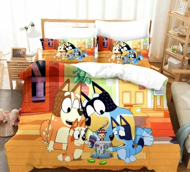 Juego de ropa de cama con estampado de dibujos animados Bluey para niños, funda de edredón sin relleno