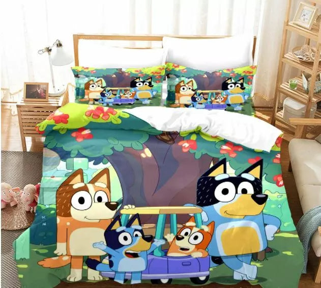 Juego de ropa de cama con estampado de dibujos animados Bluey para niños, funda de edredón sin relleno
