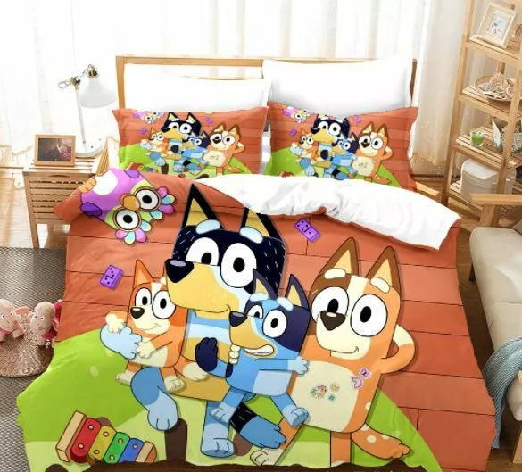 Juego de ropa de cama con estampado de dibujos animados Bluey para niños, funda de edredón sin relleno