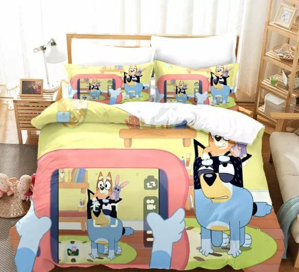 Juego de ropa de cama con estampado de dibujos animados Bluey para niños, funda de edredón sin relleno