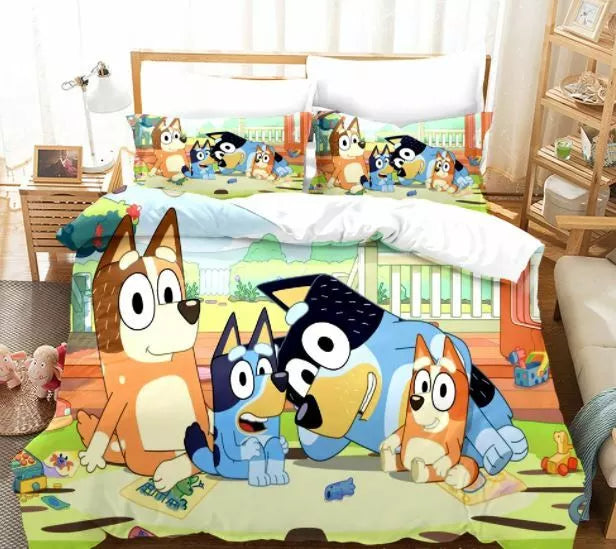 Juego de ropa de cama con estampado de dibujos animados Bluey para niños, funda de edredón sin relleno