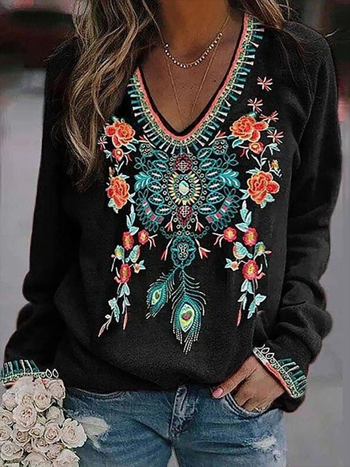Long Sleeve V-Neck Tunic with Floral Embroidery