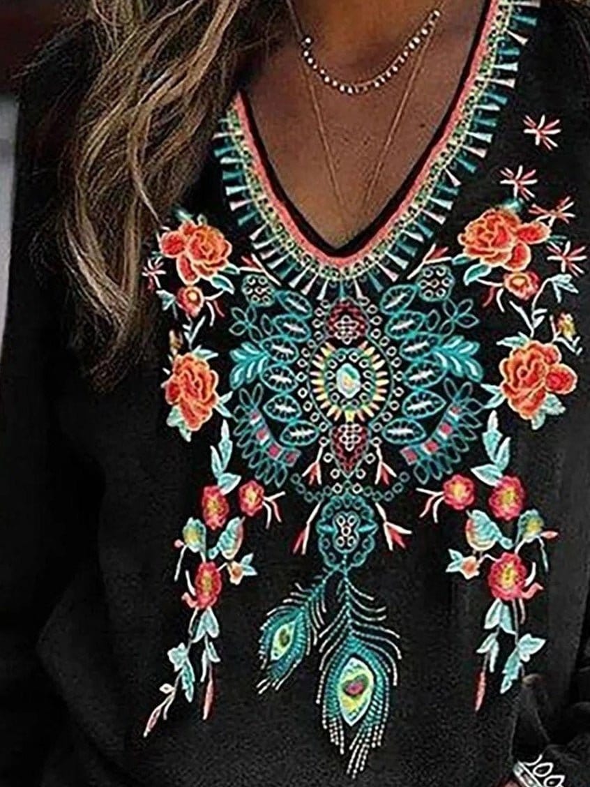 Long Sleeve V-Neck Tunic with Floral Embroidery
