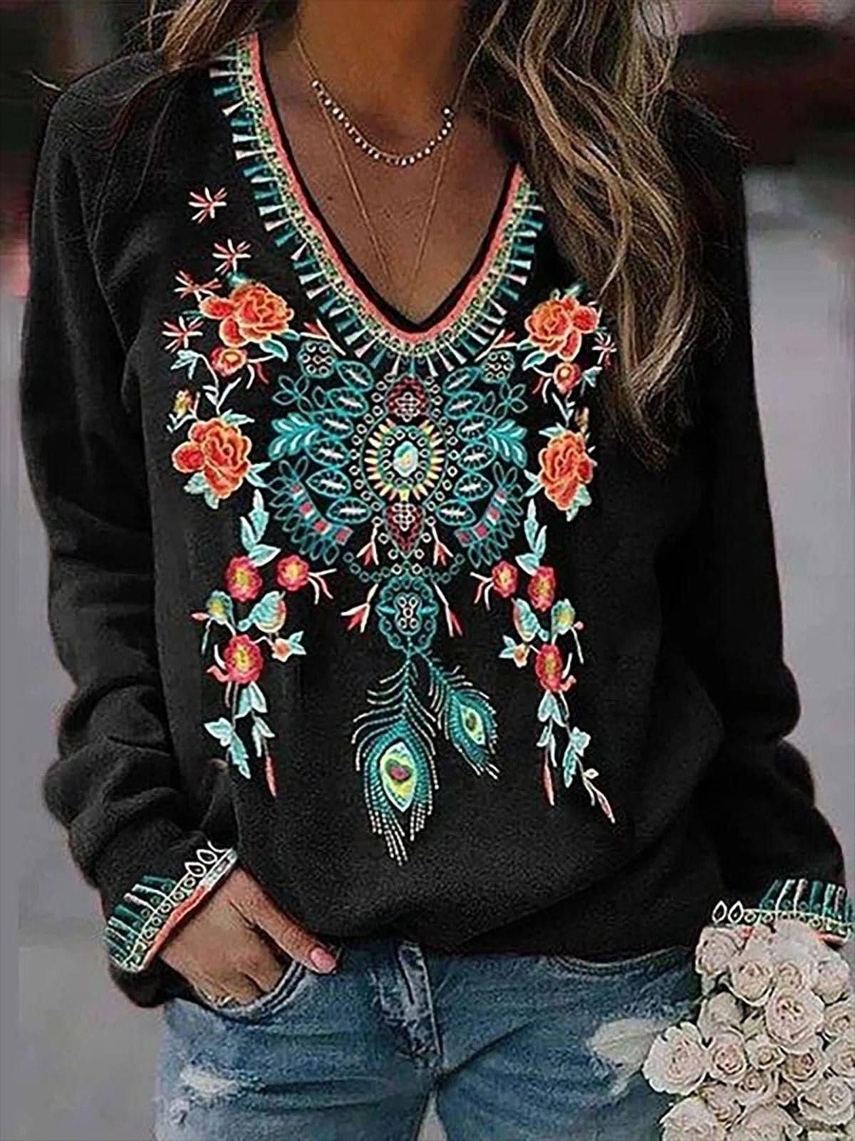 Long Sleeve V-Neck Tunic with Floral Embroidery
