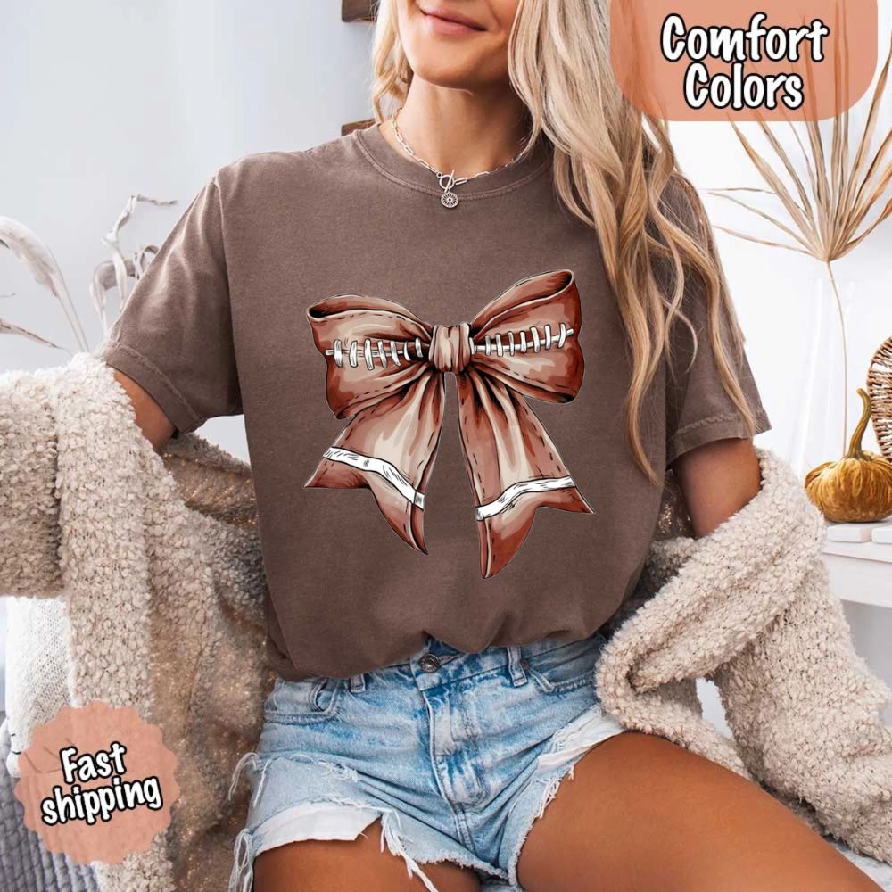 Comfort Colors Vintage Football Bow T-Shirt – Cute Game Day Tee for Women