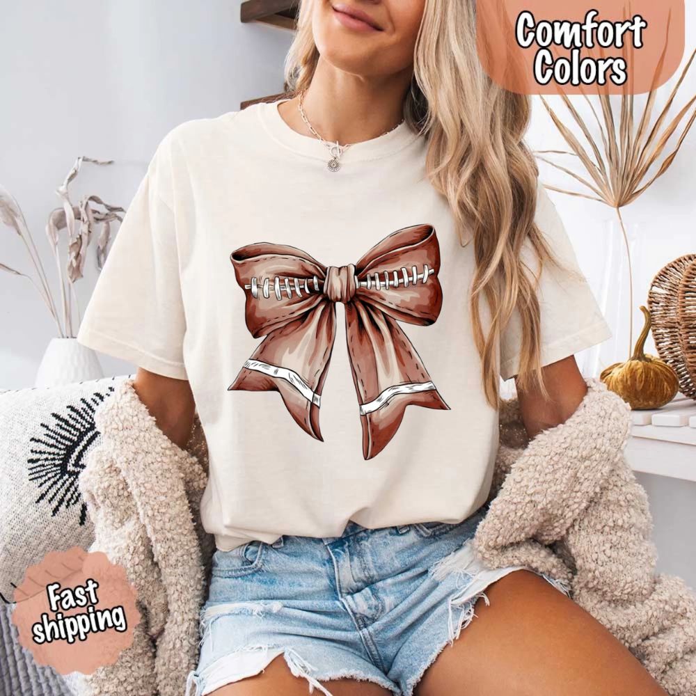 Comfort Colors Vintage Football Bow T-Shirt – Cute Game Day Tee for Women