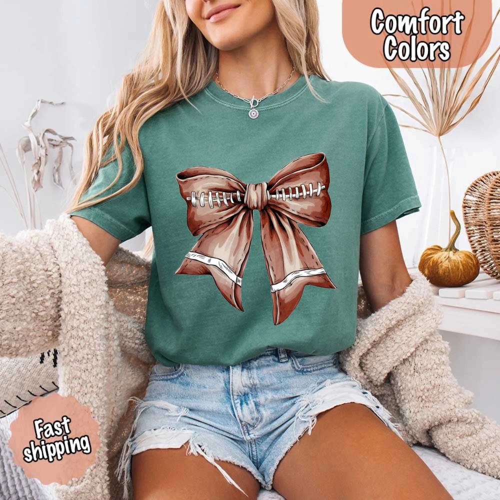 Comfort Colors Vintage Football Bow T-Shirt – Cute Game Day Tee for Women
