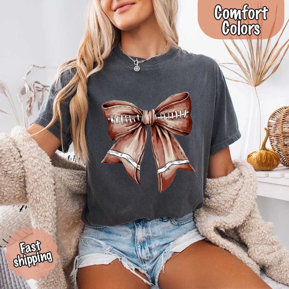 Comfort Colors Vintage Football Bow T-Shirt – Cute Game Day Tee for Women