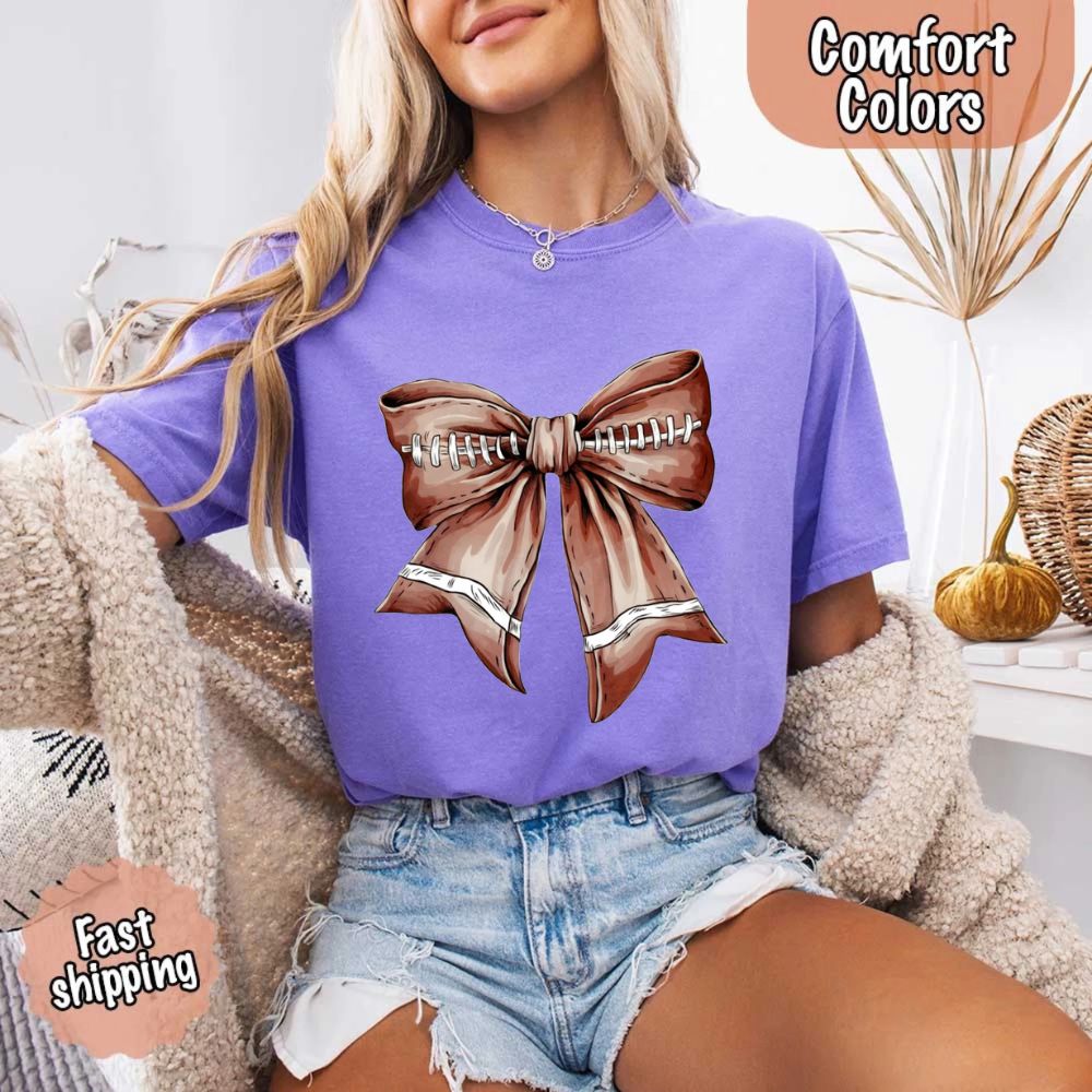 Comfort Colors Vintage Football Bow T-Shirt – Cute Game Day Tee for Women