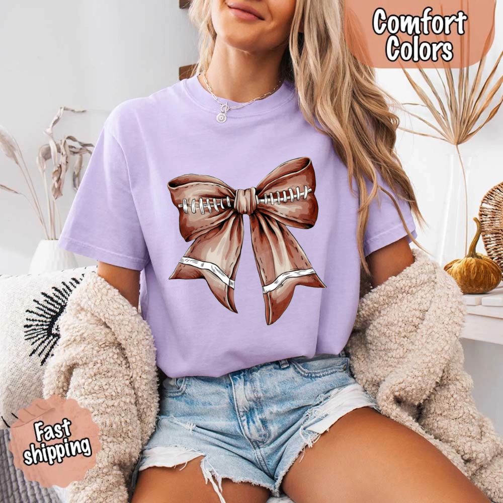 Comfort Colors Vintage Football Bow T-Shirt – Cute Game Day Tee for Women