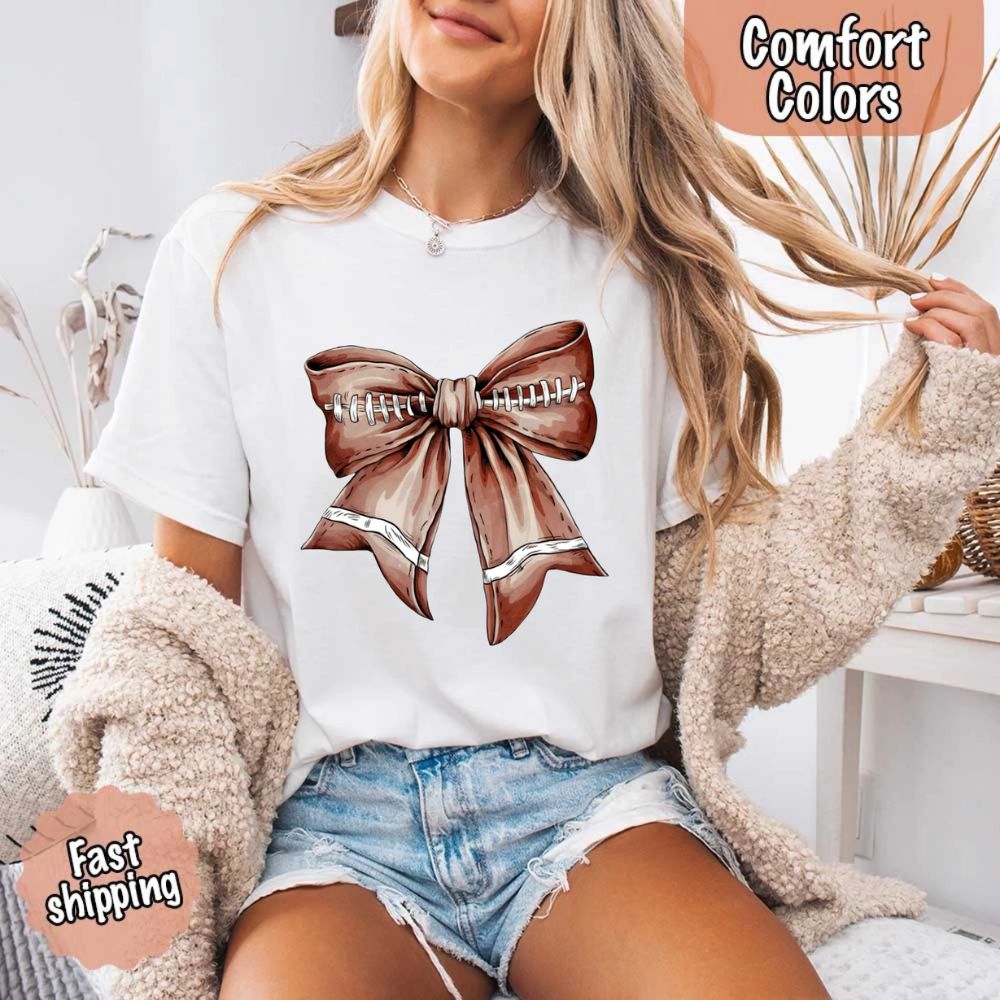 Comfort Colors Vintage Football Bow T-Shirt – Cute Game Day Tee for Women
